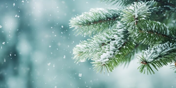 Christmas tree branch with white snow. Christmas fir and pine tree branches covered with snow. background of snow and blurred effect. Gently falling snow flakes against blue