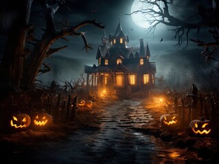 A spooky haunted house with eerie fog swirling around it, illuminated by the eerie glow of jack-o'-lanterns, creating a classic Halloween scene. Generative Ai