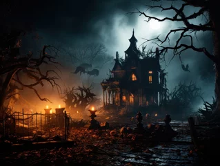 Fotobehang A spooky haunted house with eerie fog swirling around it, illuminated by the eerie glow of jack-o'-lanterns, creating a classic Halloween scene. Generative Ai © bluebeat76