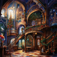 Watercolor Painting, Santa's Workshop in an Enchanting Winter Setting with Fantastical Architecture, Generative AI