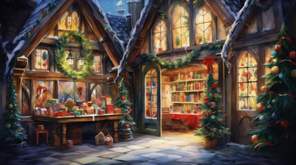 Fototapeta premium Watercolor Painting, Santa's Workshop in an Enchanting Winter Setting with Fantastical Architecture, Generative AI