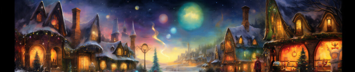 Watercolor Painting, Santa's Workshop in an Enchanting Winter Setting with Fantastical Architecture, Generative AI