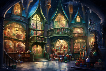 Fototapeta premium Watercolor Painting, Santa's Workshop in an Enchanting Winter Setting with Fantastical Architecture, Generative AI