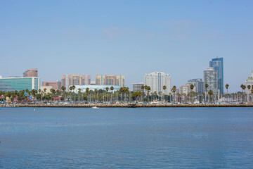 Long Beach, California – August 31, 2023: Wide Panoramic Photo View toward Long Beach Shoreline...