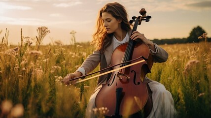 woman playing cello in a field - obrazy, fototapety, plakaty