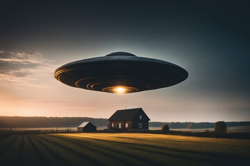 Fototapeta na wymiar UFO flying over wheat field.