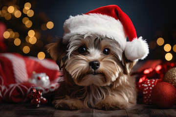 Adorable Puppy in a Santa Hat: Getting into the Christmas Spirit. Generative AI