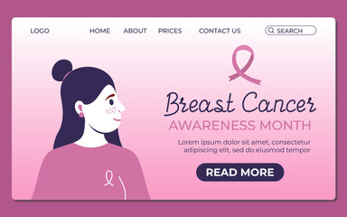 Breast Cancer Awareness Month. Landing Page Design. Vector Flat Illustration