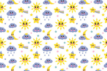 Seamless pattern of cute kawaii sun, cloud, moon, clouds, stars, rainbow on white background. Vector illustration of weather elements for kids