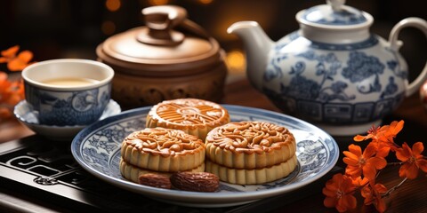 Moon cakes at mid autumn festival. Background food and drink tea and Mooncakes