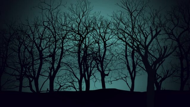 Mystical forest in night with blue dark sky, motion holidays, horror and Halloween style background