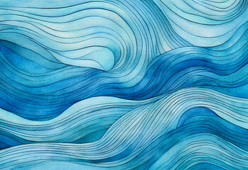 Abstract ocean water waves background, wavy texture for copy space text. Blue and teal illustration of sea or ocean wave flowing motion. Web banner, backdrop graphic. Hand painted details