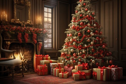 Festive Celebration with Christmas Tree and Decorations. Merry christmas and happy new year concept