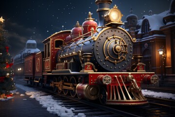 Fairy locomotive in holiday postcard style. Merry christmas and happy new year concept - obrazy, fototapety, plakaty