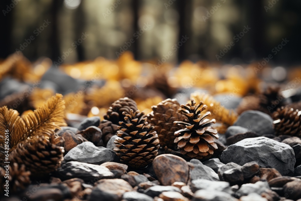 Poster cone in the autumn forest. background with selective focus and copy space