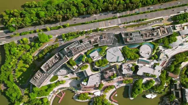 Drone flight above Shenzhen city metropolis, China's innovative, technology hub.
Aerial top down footage zoom loop