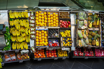 Wien, Austria - August 28, 2023:  fruit section from above in supermarket in Austria.
