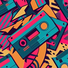 80s Music Style Pattern with a Retro Vibe and Bold Colors - obrazy, fototapety, plakaty