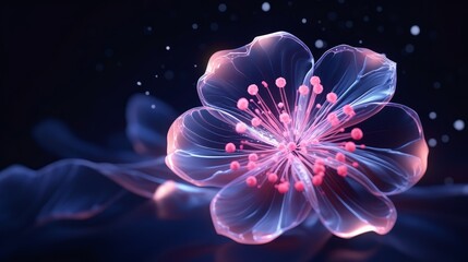 A cyber hologram background featuring a digital futuristic flower wallpaper adorned with neon light glow blossom wireframe