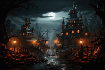 Happy Halloween background spooky scene, creepy dark night jack o lantern pumpkins and spooky graves on graveyard ghosts horror gothic evil cemetery landscape. Mysterious night moonlight backdrop.