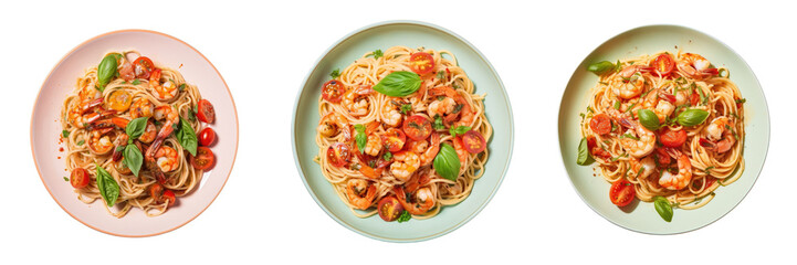 Stir fried pasta with grilled seafood and tomatoes on a transparent background