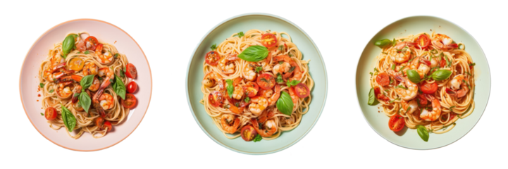 Stir fried pasta with grilled seafood and tomatoes on a transparent background