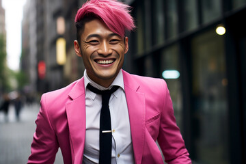 An Asian gentleman with a striking and intelligent look, dressed in a pink suit, radiates sophistication and style whether he's outdoors or indoors. Generated using Generative AI.