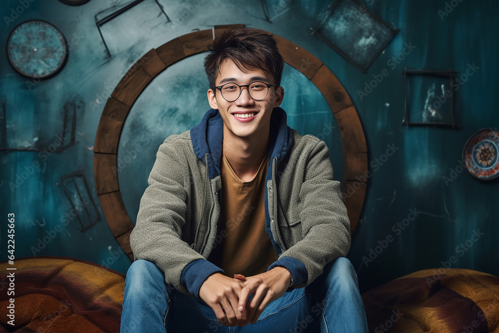 Wall mural Handsome man with a happy face sitting and smiling with a confident smile showing teeth. Portrait of young man smiling. Young Asian man sitting at coffee shop. Generative AI.