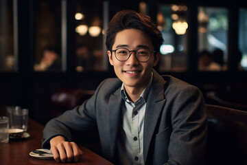 Handsome man with a happy face sitting and smiling with a confident smile showing teeth. Portrait of young man smiling. Young Asian man sitting at coffee shop. Generative AI.