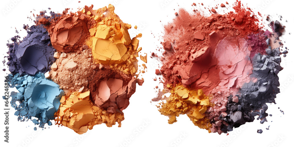 Poster crushed eye shadow samples of various colors on a transparent background seen from above