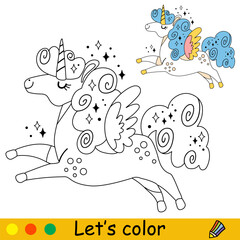 Cartoon unicorn kids coloring book page vector 4 © alinart