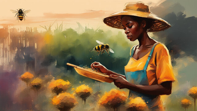 african woman collecting honey from bee hives at sunset in organic farm , warm colors