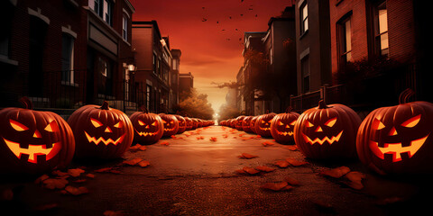 a mysterious alley with a mysterious atmosphere, with halloween pumpkins, horror, scary, frightening