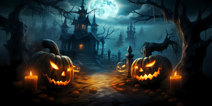 a mysterious alley with a mysterious atmosphere leading to a mansion, with halloween pumpkins, horror, scary, frightening