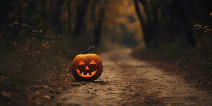 a halloween pumpkin in front of a foggy and mysterious background, fear, horror, scary