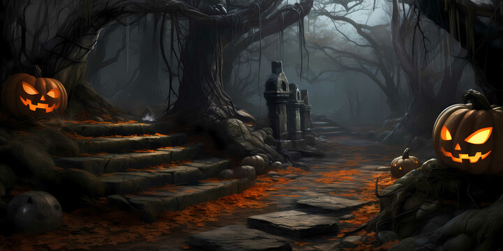 a mysterious alley with a mysterious atmosphere in the forest, with halloween pumpkins, horror, scary, frightening