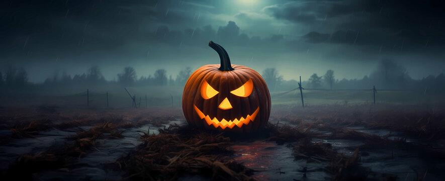 a halloween pumpkin in front of a foggy and mysterious background, fear, horror, scary