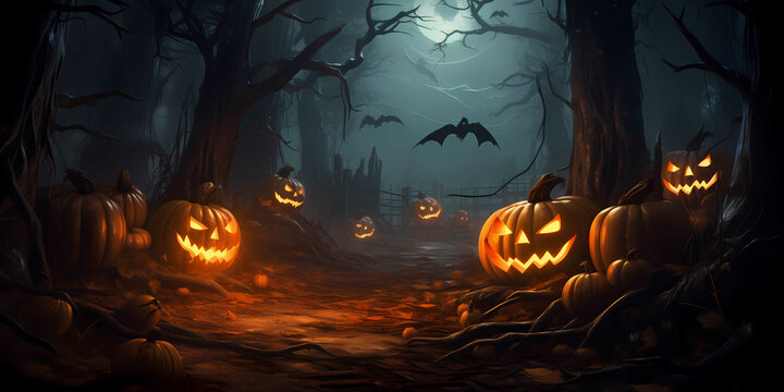 a mysterious alley with a mysterious atmosphere with halloween pumpkins, horror, scary, frightening