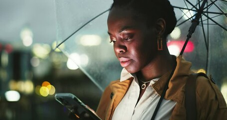 Black woman is disappointed, night and smartphone, umbrella and city, travel and insurance with ride share app. Commute, stress and using phone to call taxi outdoor, fail and security in winter