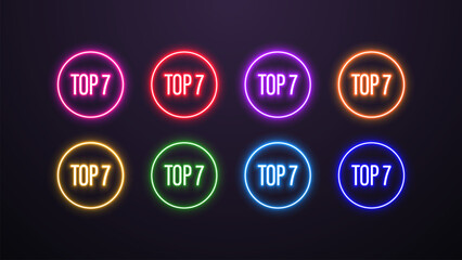 A set of neon glowing icons top 7 in the colors blue, green, orange, yellow, pink, purple and red on a dark background.