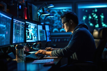 a cybersecurity expert monitoring the displays sitting in office