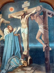 Fotobehang SEBECHLEBY, SLOVAKIA - OKTOBERT 8, 2022: The painting Crucifixion as part of Cross way stations in St. Michael parish church by unkonwn artist from beginn of 20. cent. © Renáta Sedmáková
