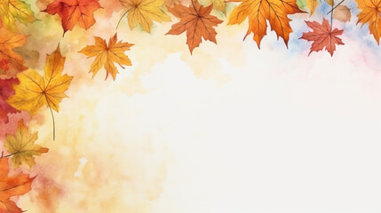 Naklejka na ściany i meble Watercolor autumn abstract background with maple leaves and copy space.