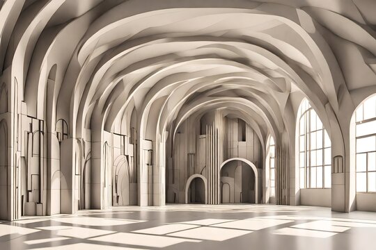 backdrop with abstract buildings and an arched interior render
