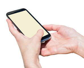 Hand holding mobile smart phone with blank pink, yellow, blue screen. Isolated on transparent without shadow. PNG