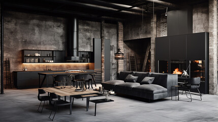 industrial design living room with fireplace incorporates raw and unfinished elements