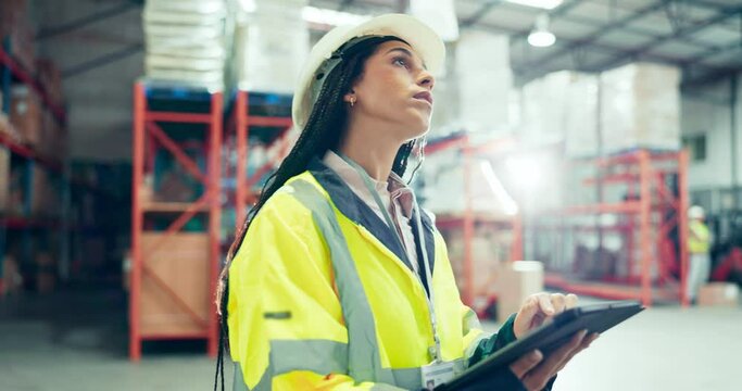 Engineering woman, tablet and logistics inspection for commercial trade, manufacturing or inventory management. Industrial worker with digital checklist or warehouse software and stock distribution