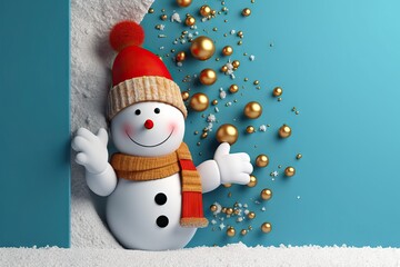 festive confetti snowman snow background three-dimensional banner Funny mockup holding Year blank holiday Christmas gold camera greeting New Winter looking 3d card Happy