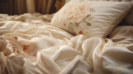 Close-up of percale fabric in a classic bedroom setting.  