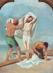 Foto op Aluminium SEBECHLEBY, SLOVAKIA - OKTOBERT 8, 2022: The painting Jesus is stripped of his clothes as part of Cross way stations in St. Michael parish church by unkonwn artist from beginn of 20. cent. © Renáta Sedmáková